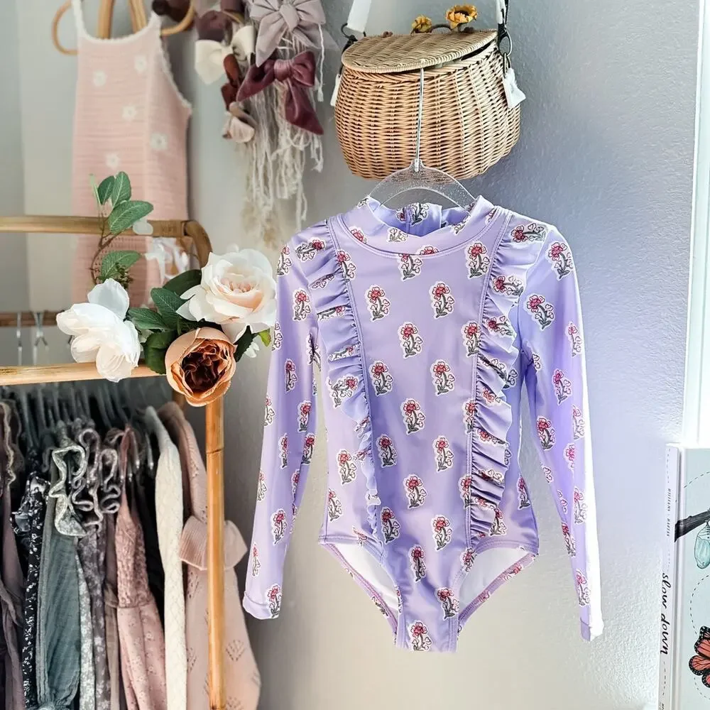 NWT Lavender Meadow Meets the Sea rash guard floral flutter swimsuit 4